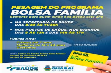 PESAGEM DO BOLSA FAMÍLIA

Atenção: todos os beneficiários do programa que ainda não realizaram a pesagem devem indispensavelmente comparecer na secretaria de saúde ou em algum ESF.
A não realização da atualização, acarreta no risco da perda do benefício.