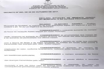 ATENÇÃO!
DECRETADA SITUAÇÃO DE IMINENTE PERIGO NO MUNICÍPIO DEVIDO AO GRANDE NÚMERO DE FOCOS DO MOSQUITO DA DENGUE