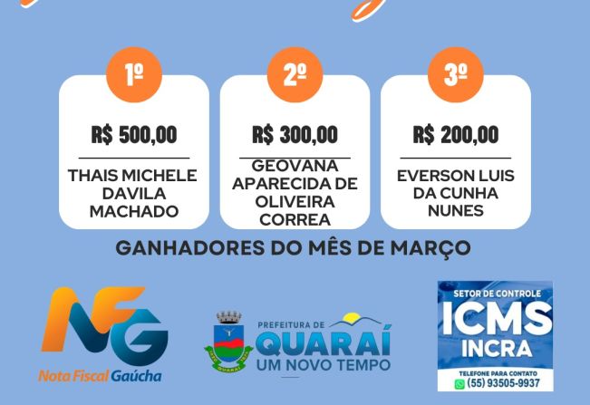 O Sorteio do mês de MARÇO do Nota Fiscal Gaúcha